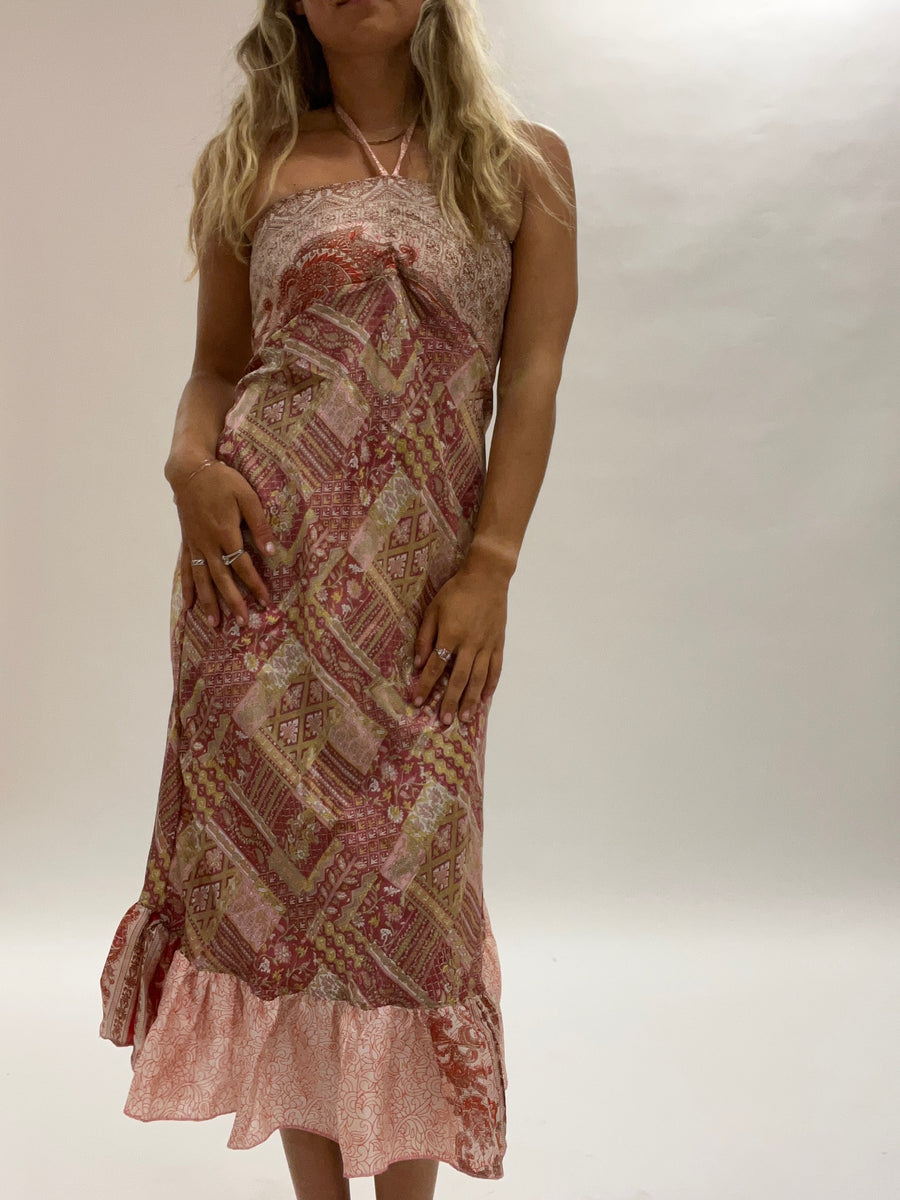 S118 Vintage Mex Pushkar Summer Silk Blend Dress M/L Sugar Magnolia