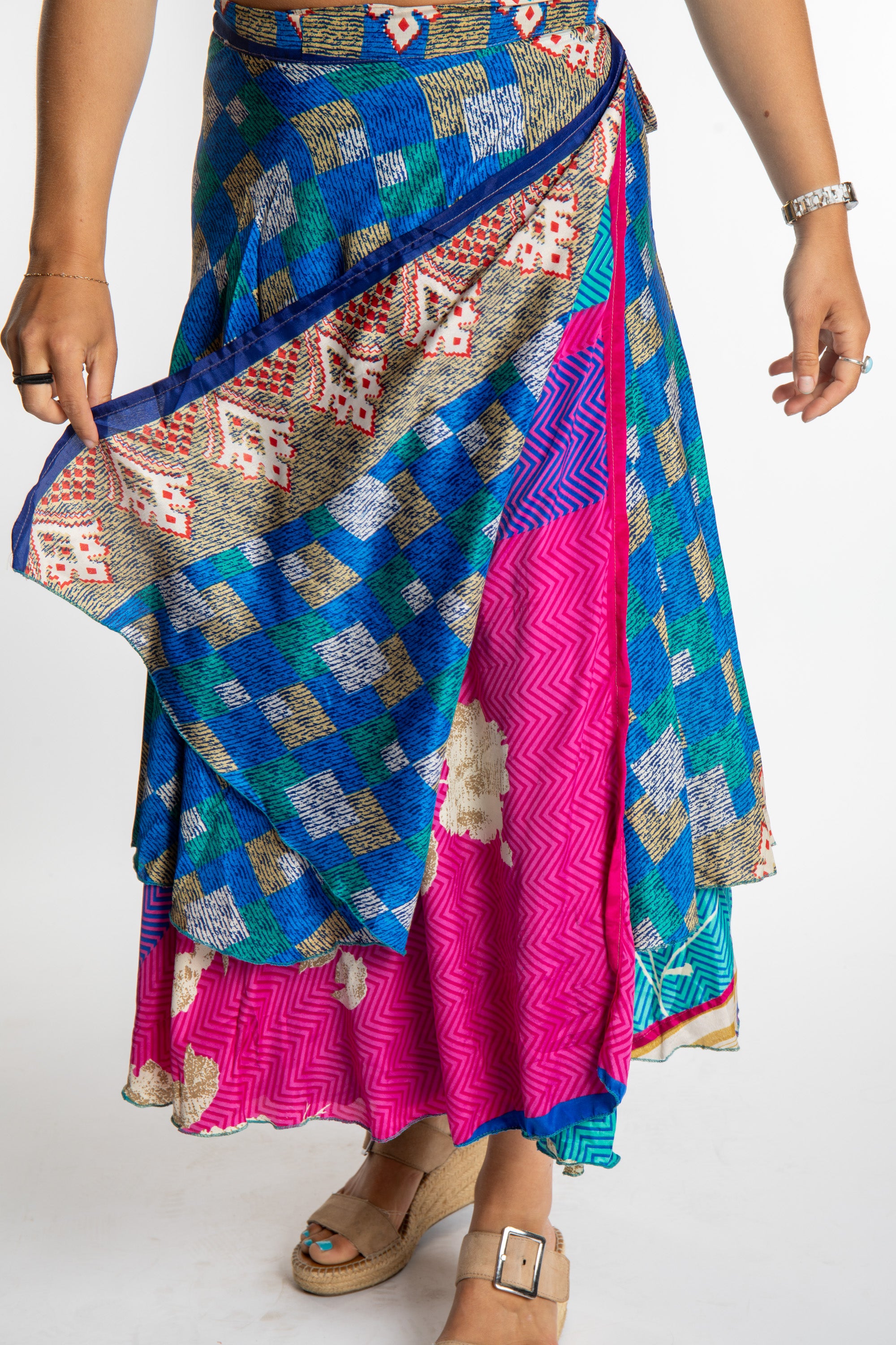 Sophie is wearing sari silk wrap skirt in morning dew