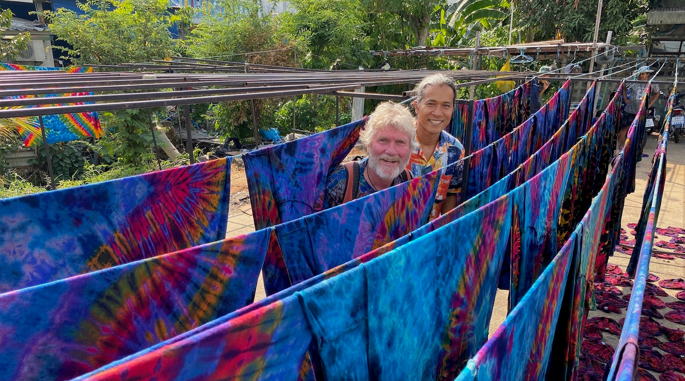 Pae and pete posing with Mudmee tie dye clothing