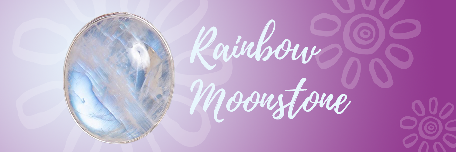 a graphic of a polished rainbow moonstone gemstone with a pink backgorund, Mexicali Blues logo flowers and the word "Rainbow Moonstone"