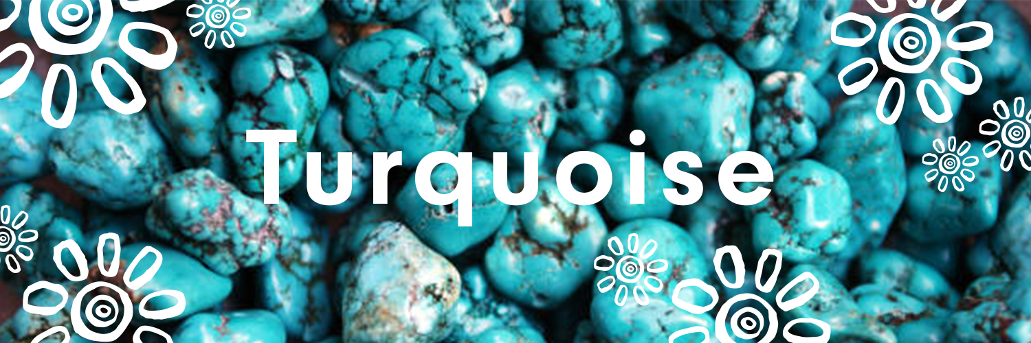 A pile of rough cut turquoise stones with an overlay graphic of Mexicali Blues logo flowers and the word "Turquoise"