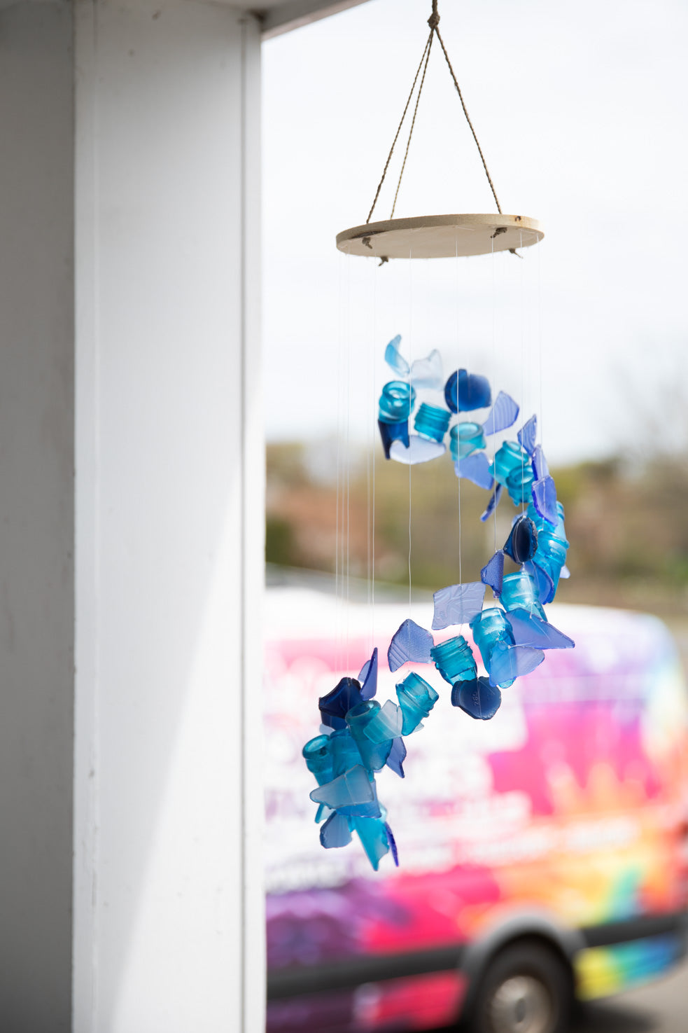 Spiral sea glass wind chime in blue