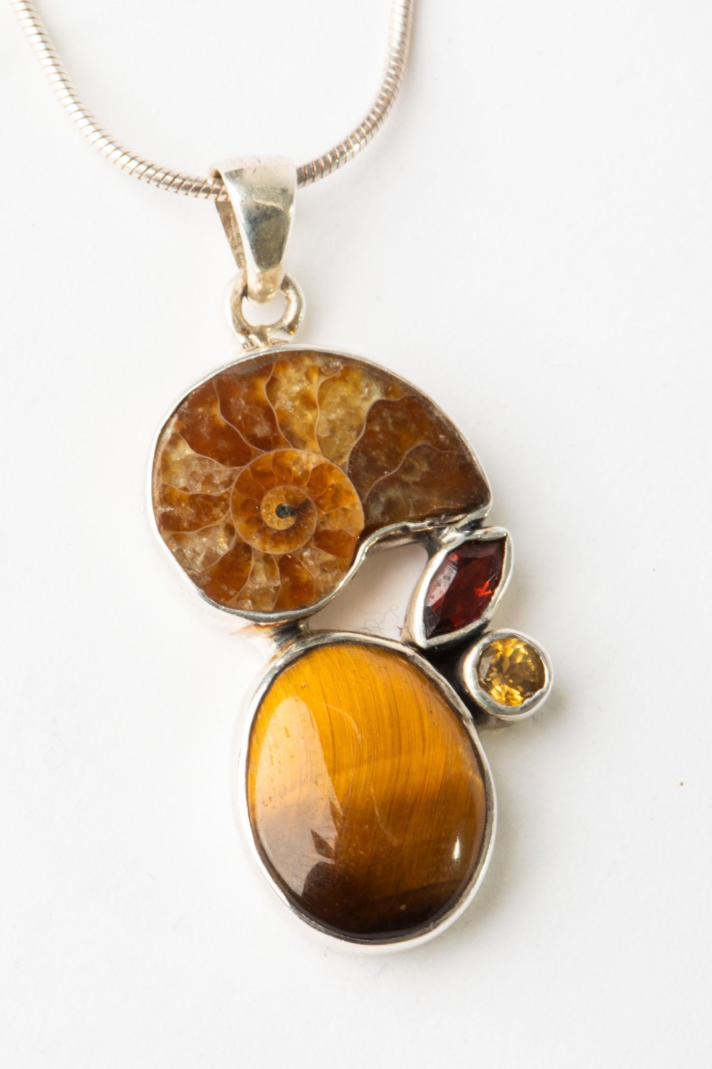 One of a Kind Ammonite, Tiger Eye, Garnet and Quartz Pendant P134