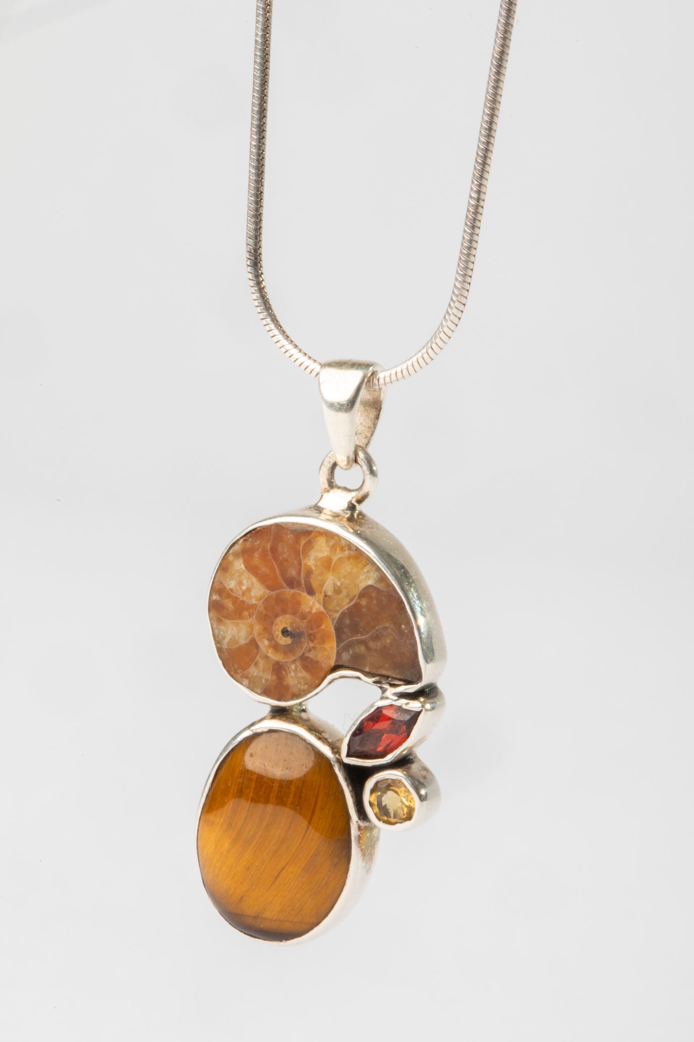 One of a Kind Ammonite, Tiger Eye, Garnet and Quartz Pendant P134