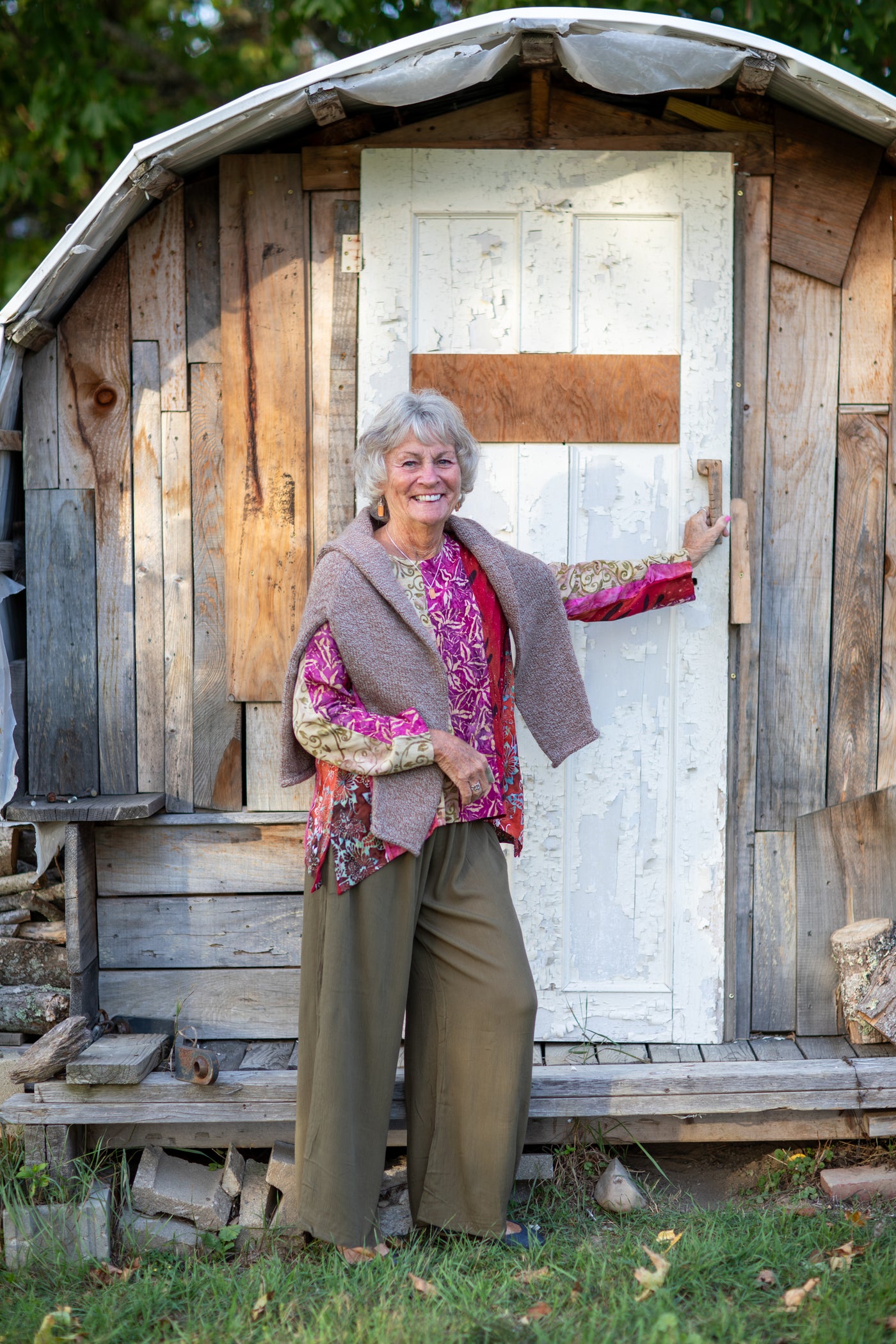 Penny wearing the s/m olive green penny lane pants and batik top