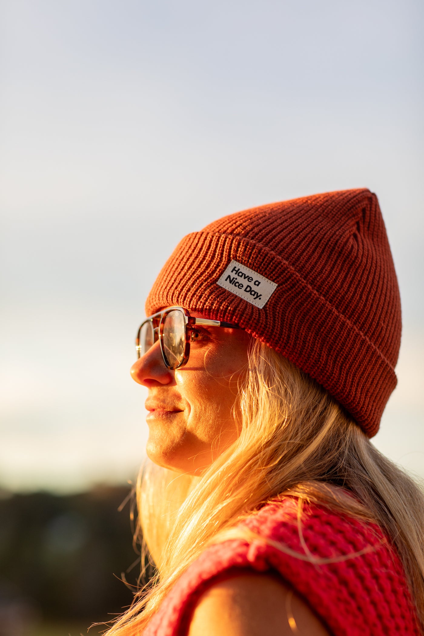 Sophie wearing the "Have a Nice Day" beanie hat