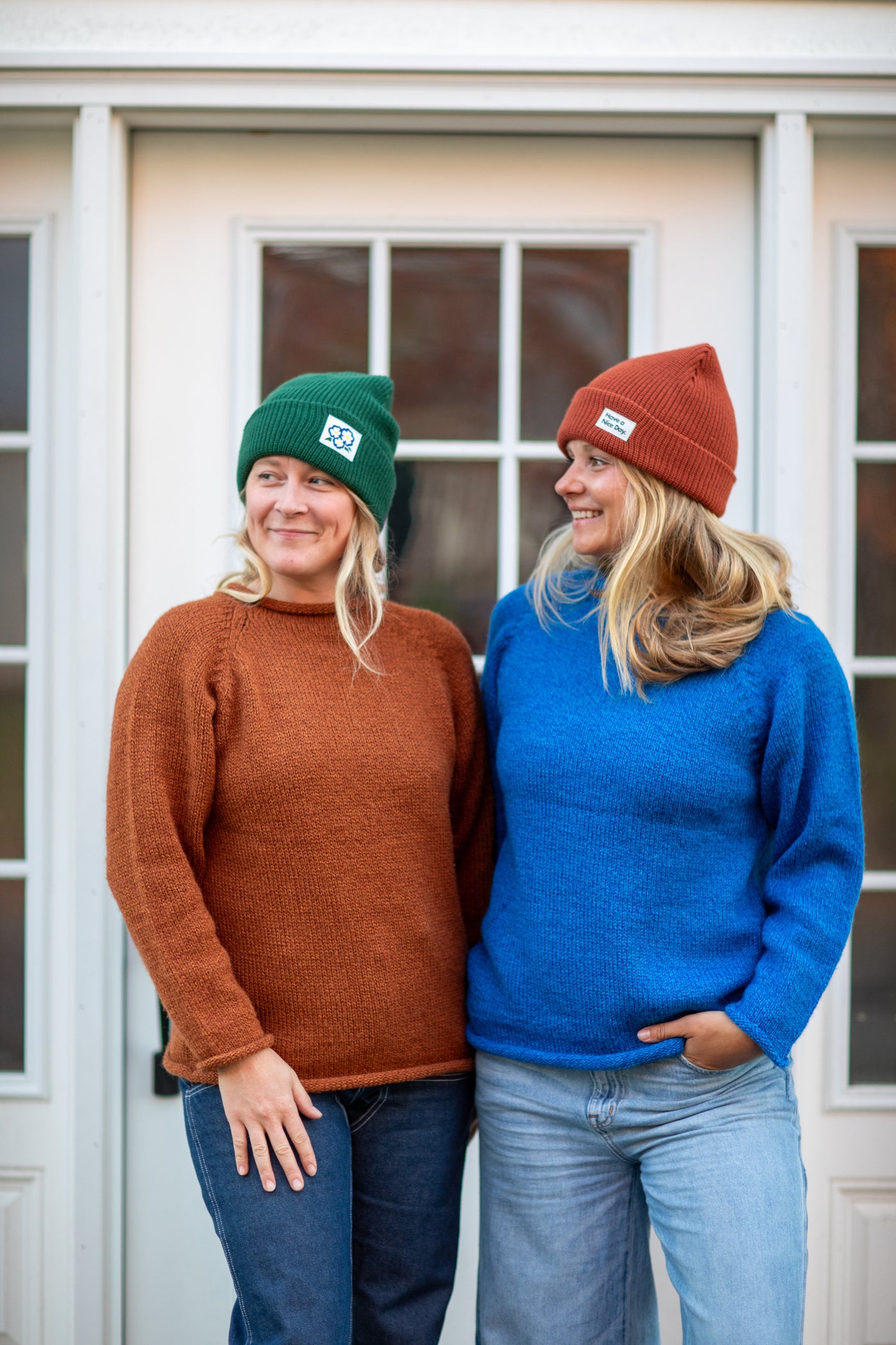 Holy and Sophie wearing Blueberry and Rust M fisherman style sweaters