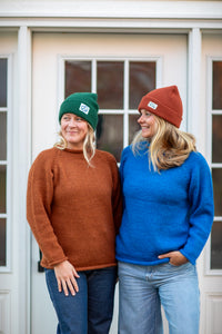 Holy and Sophie wearing Blueberry and Rust M fisherman style sweaters