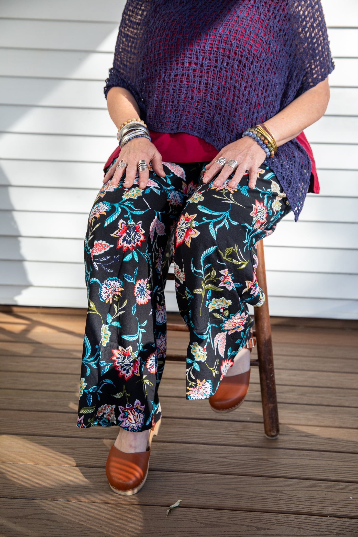 Betty wearing size M/L Night Blooms Penny lane pants