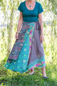 Penny wearing the morning dew long sari silk wrap skirt