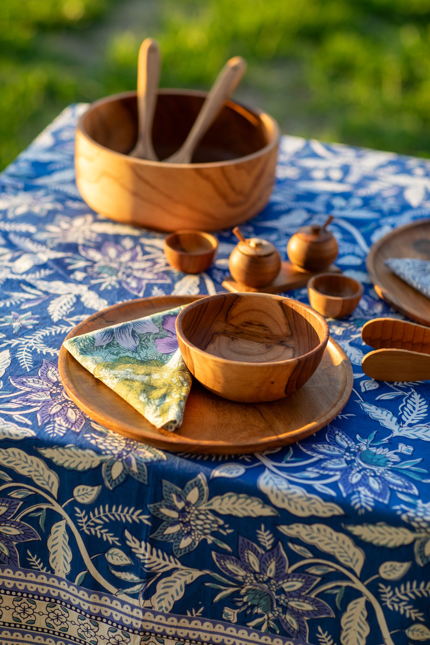 teak wooden decor on a block print tapestry