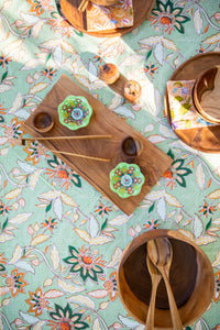 Wooden Teak table decor on a block print tablecloth
