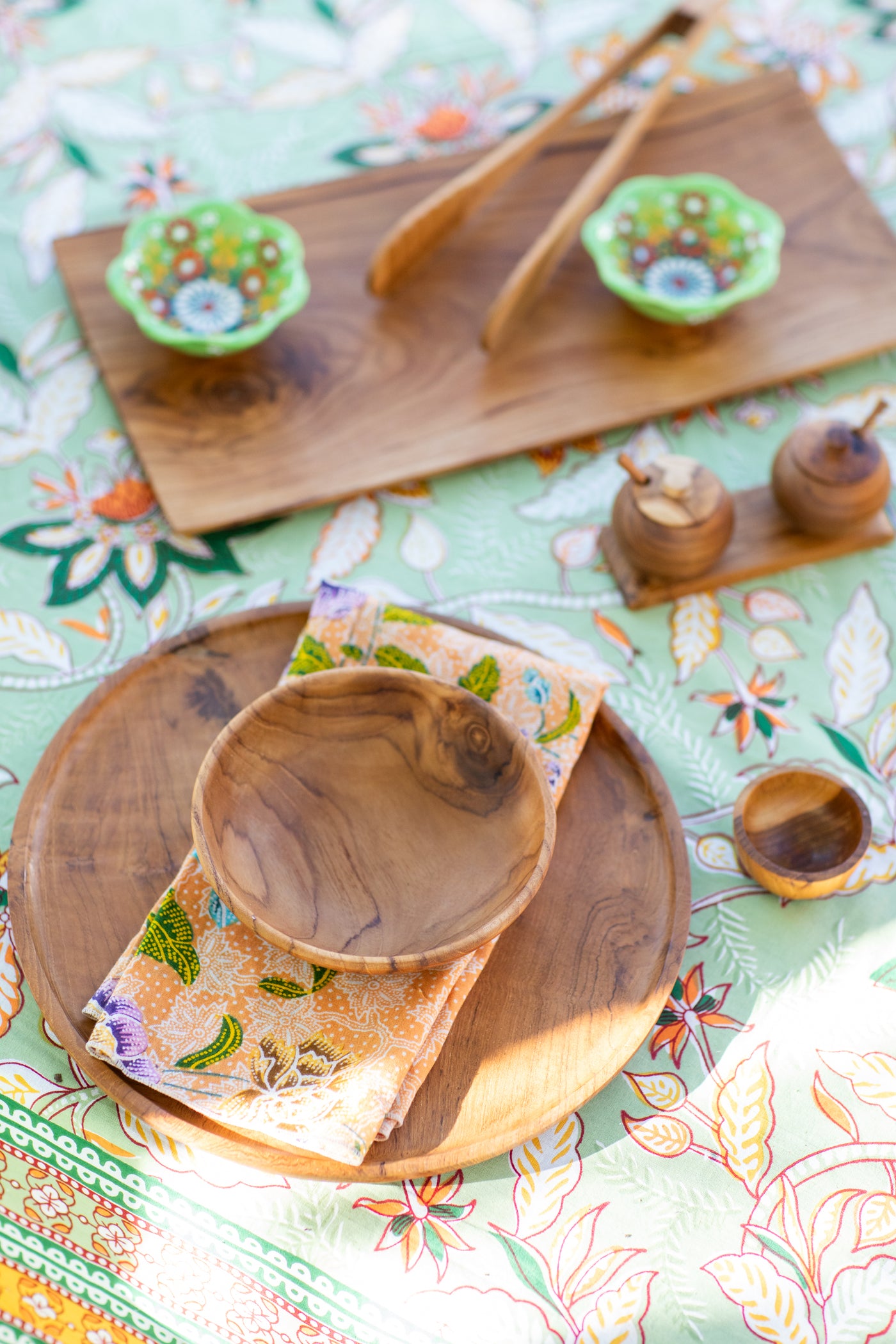 teak wood decor on block print tablecloth