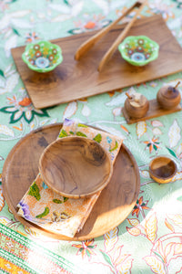 teak wood decor on block print tablecloth