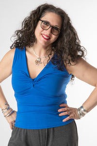 Susan is wearing the Twist Front Tank in Cobolt in M/L
