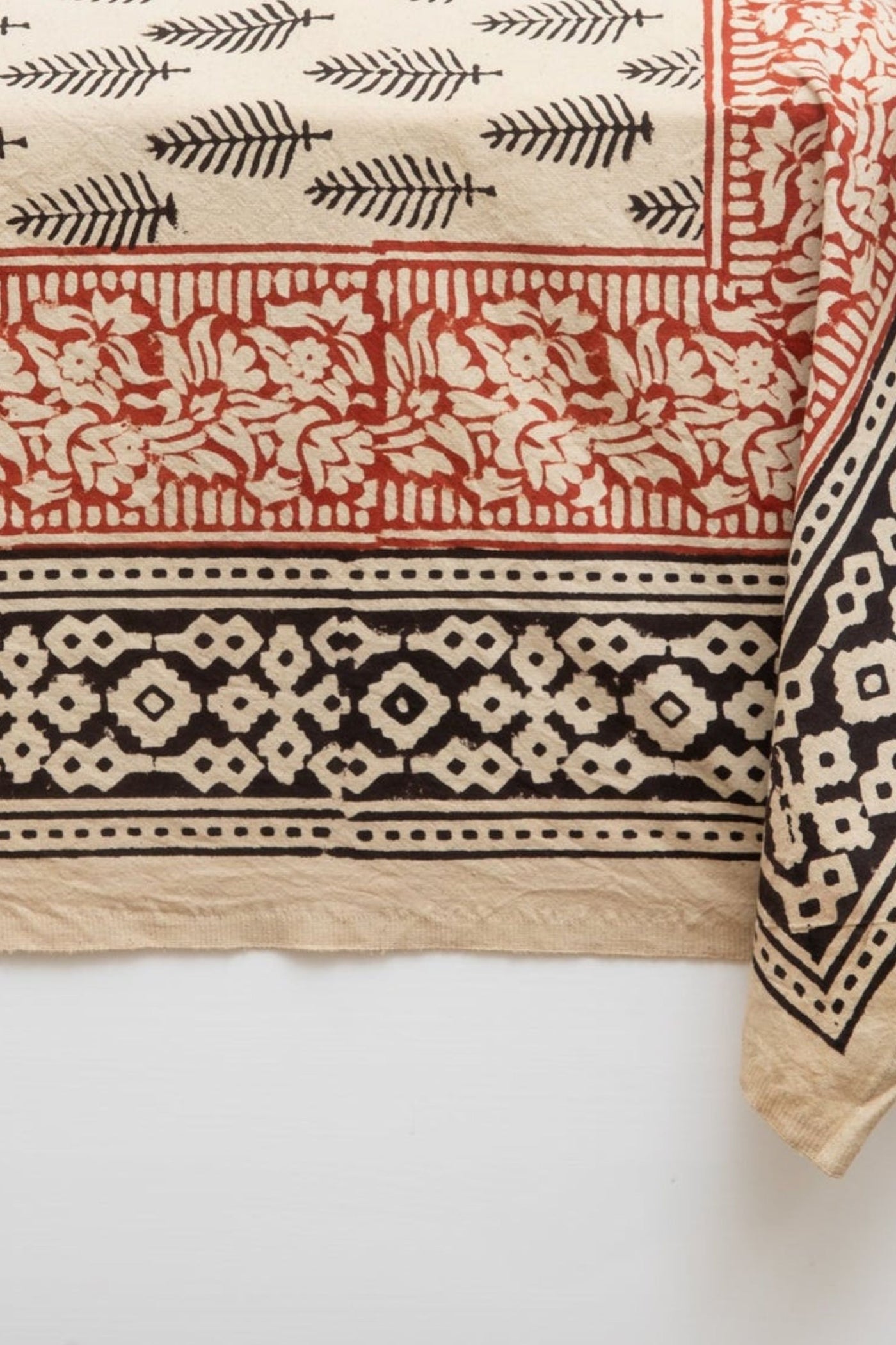 Block Print Floral Tablecloth in Black Feather