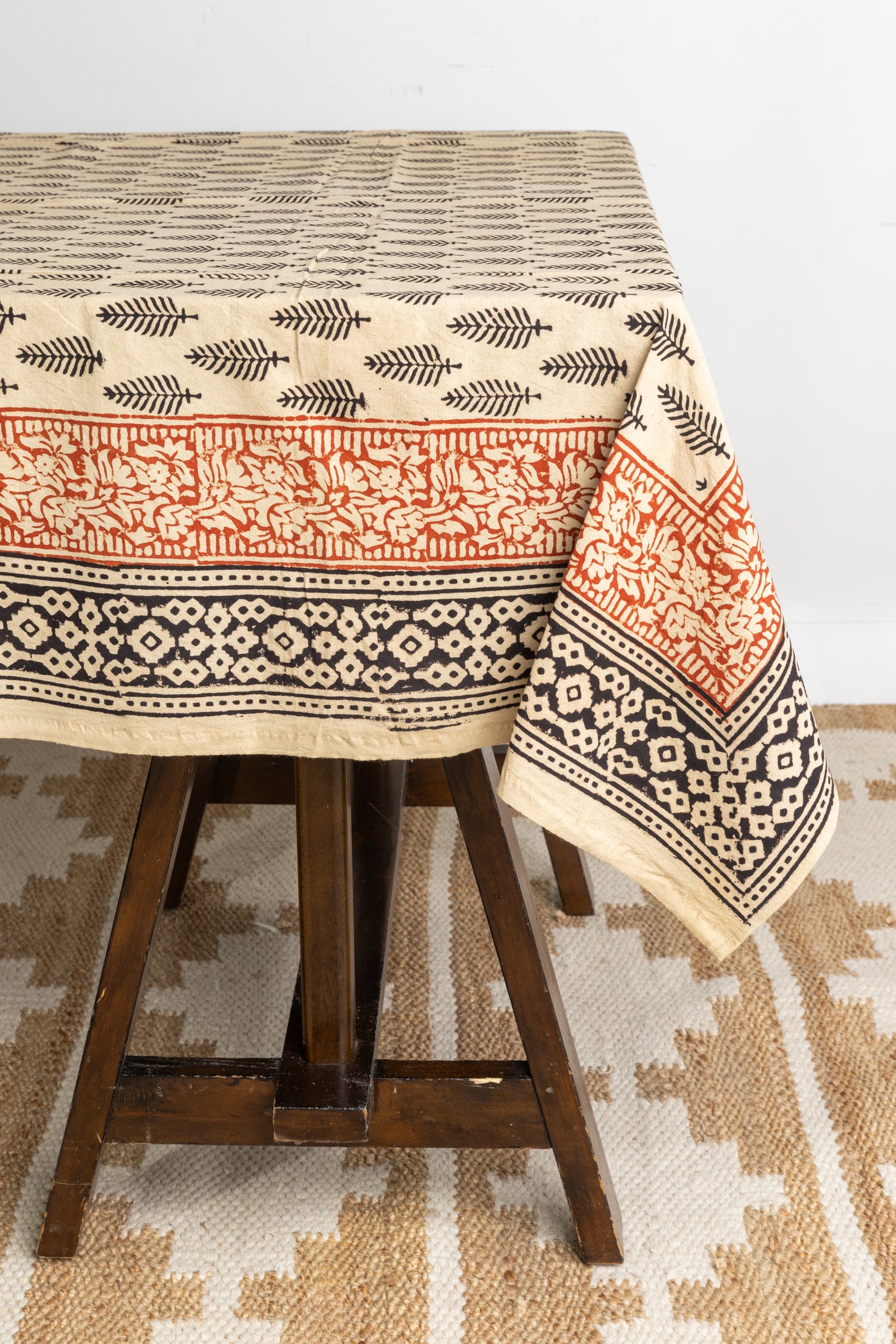 Block Print Floral Tablecloth in Black Feather