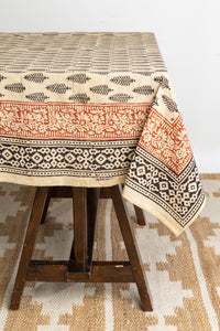 Block Print Floral Tablecloth in Black Feather