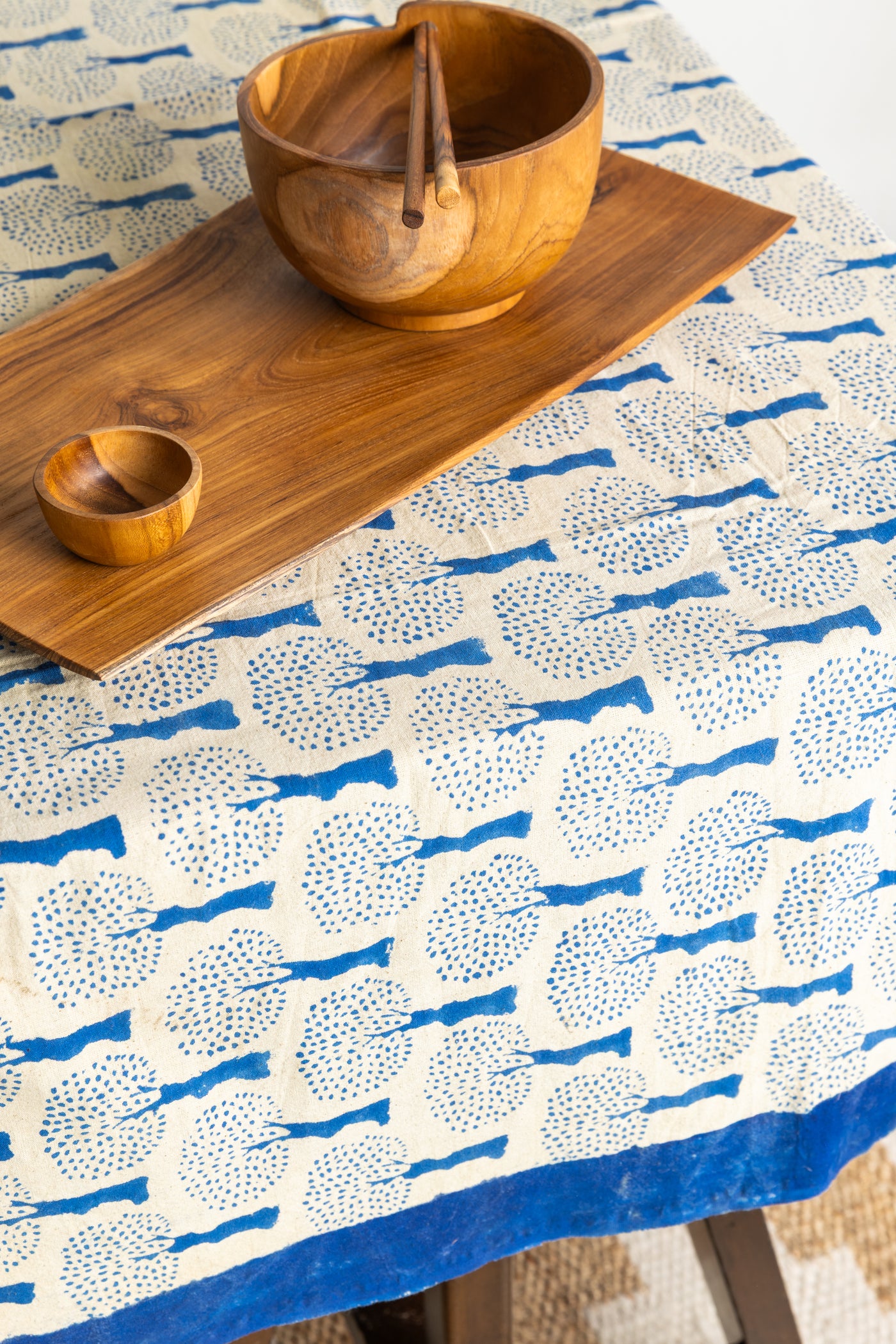 Block Print Floral Tablecloth in Blue and Tan Tree of Life
