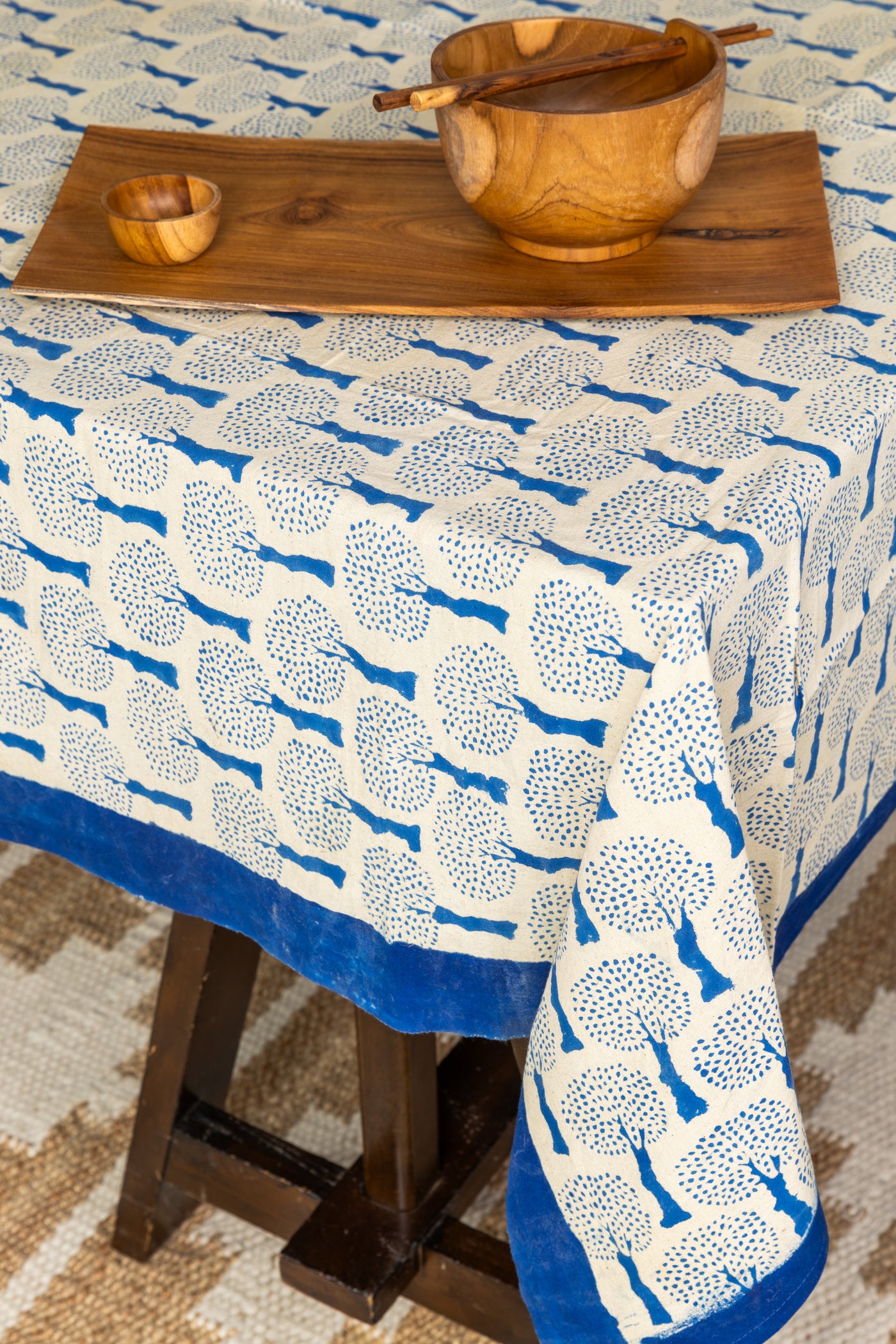 Block Print Floral Tablecloth in Blue and Tan Tree of Life