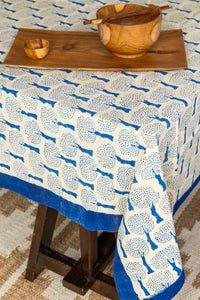 Block Print Floral Tablecloth in Blue and Tan Tree of Life