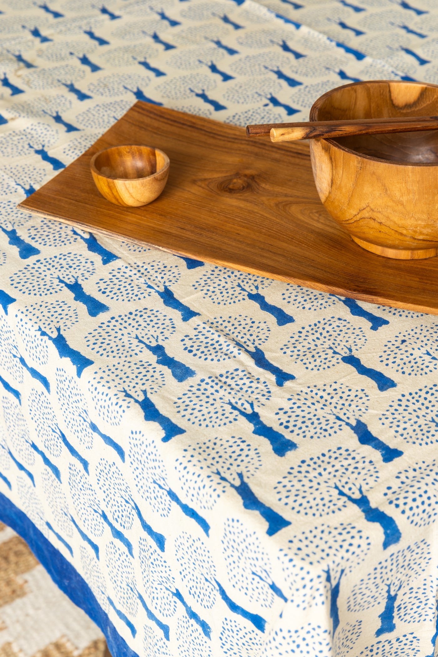 Block Print Floral Tablecloth in Blue and Tan Tree of Life
