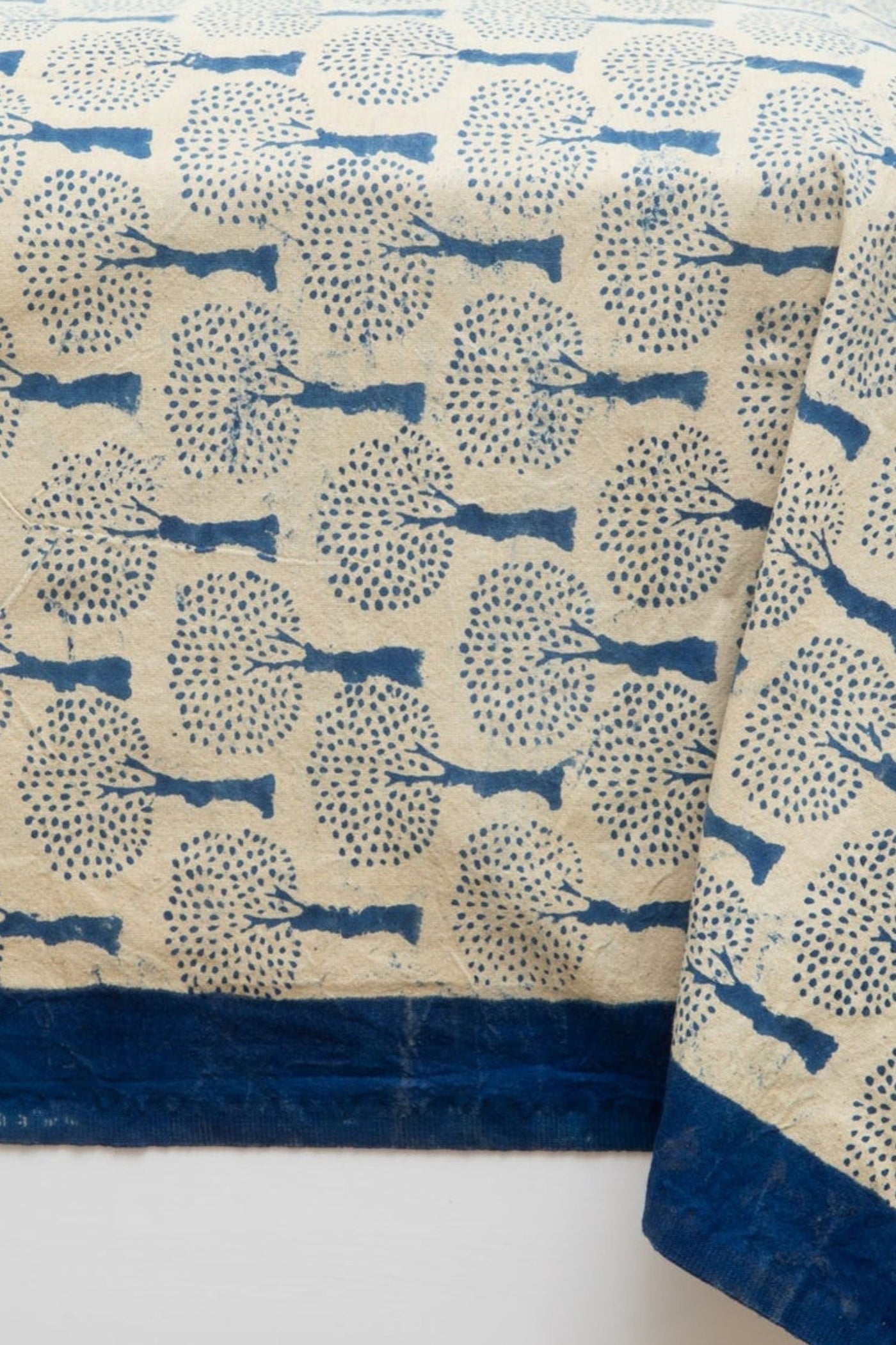 Block Print Floral Tablecloth in Blue and Tan Tree of Life