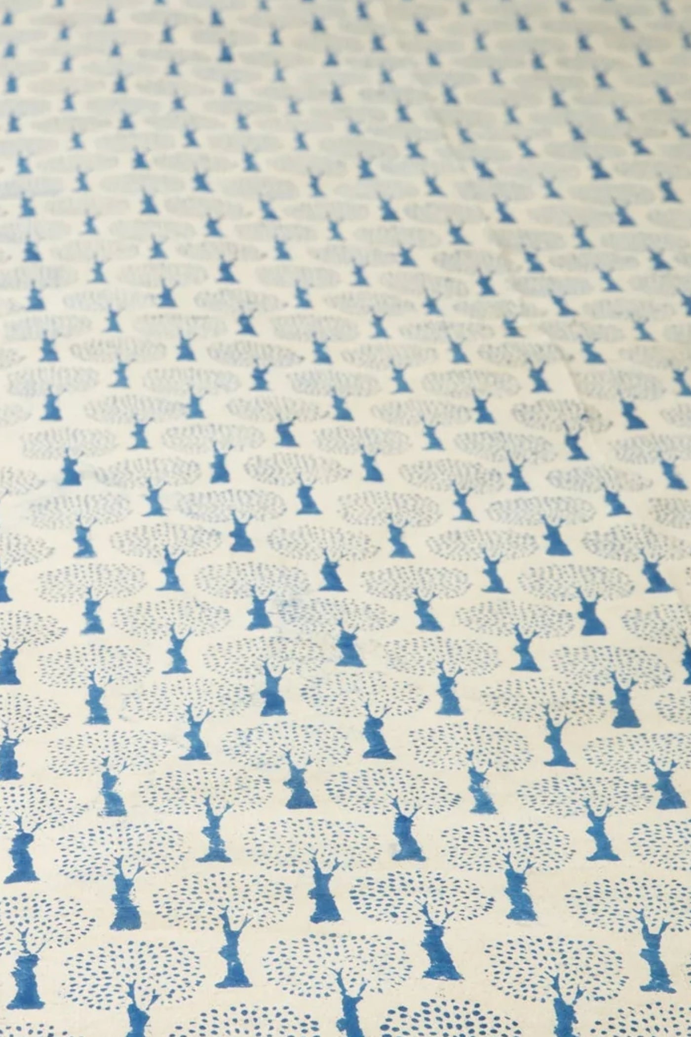 Block Print Floral Tablecloth in Blue and Tan Trees