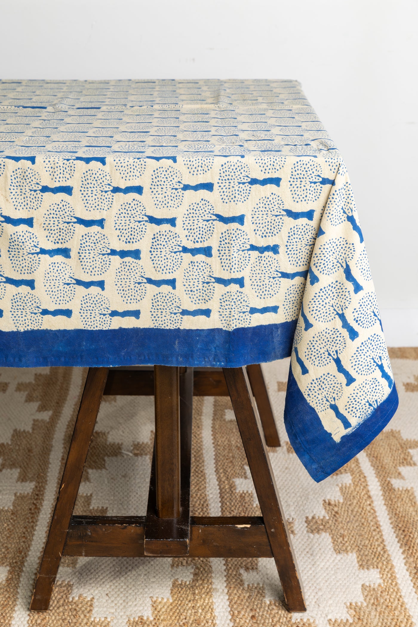 Block Print Floral Tablecloth in Blue and Tan Tree of Life
