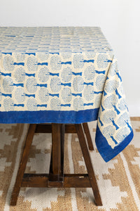 Block Print Floral Tablecloth in Blue and Tan Tree of Life