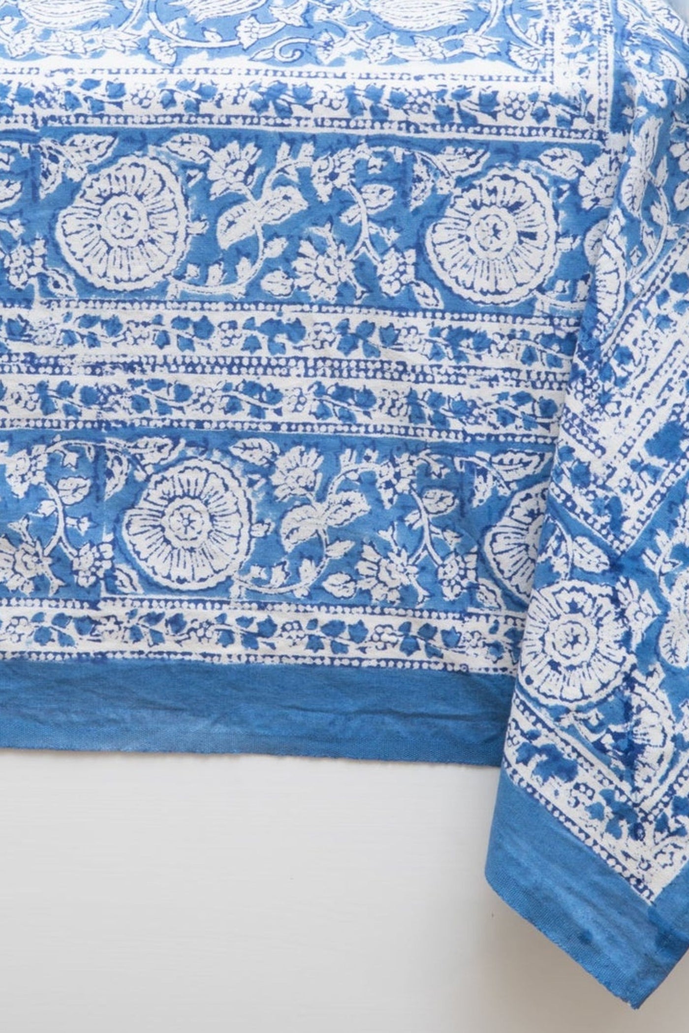 Block Print Floral Tablecloth in Blue Poppies