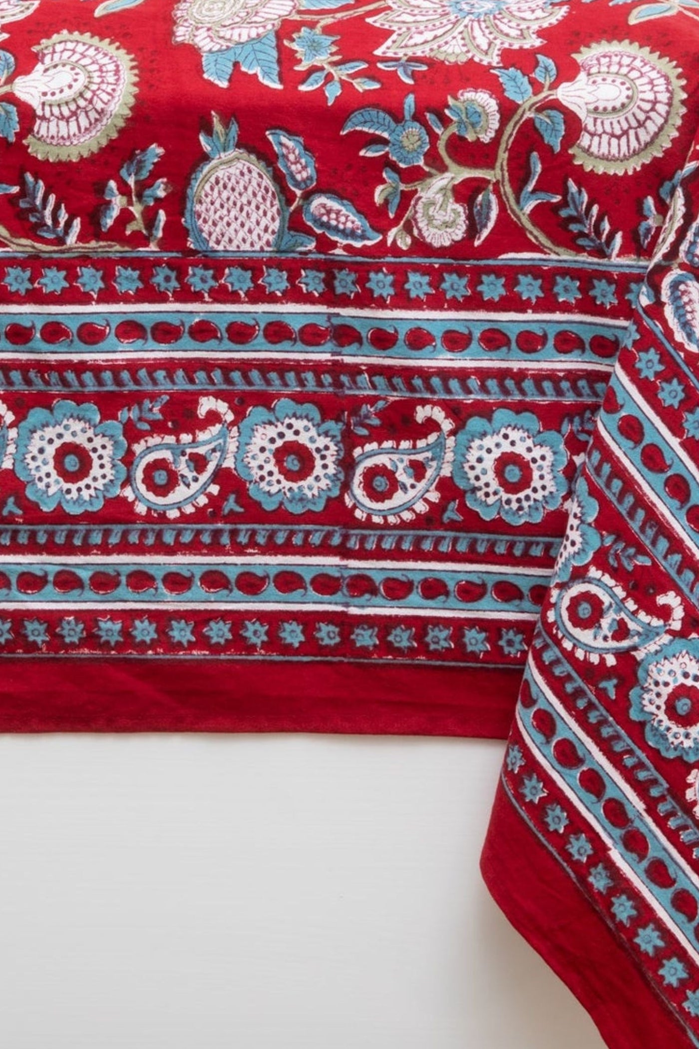 Block Print Floral Tablecloth in Ruby Reverie