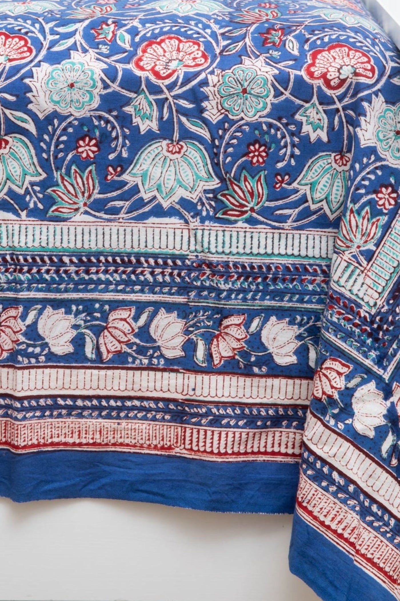 Block Print Floral Tablecloth in US Blues