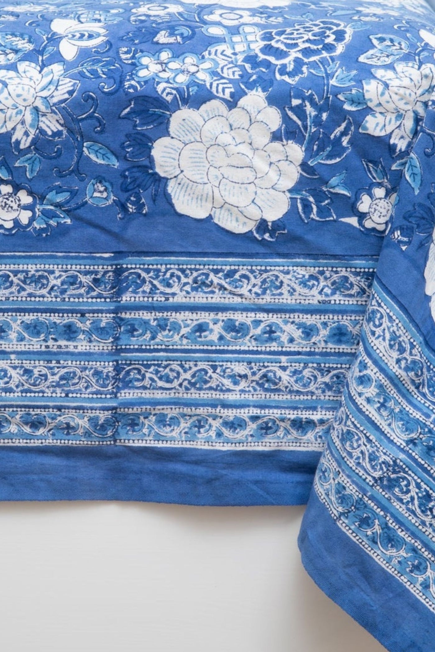 Block Print Floral Tablecloth in Blue Tropical Floral