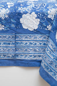 Block Print Floral Tablecloth in Blue Tropical Floral