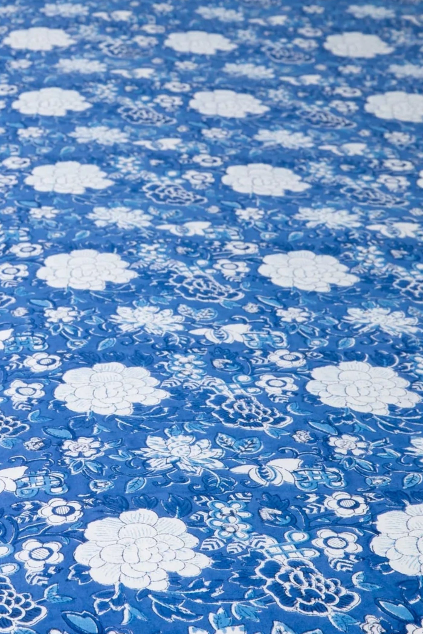 Block Print Floral Tablecloth in Blue Tropical Floral