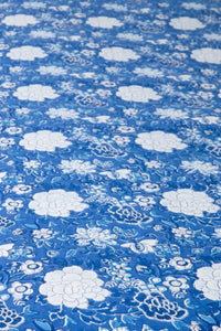 Block Print Floral Tablecloth in Blue Tropical Floral