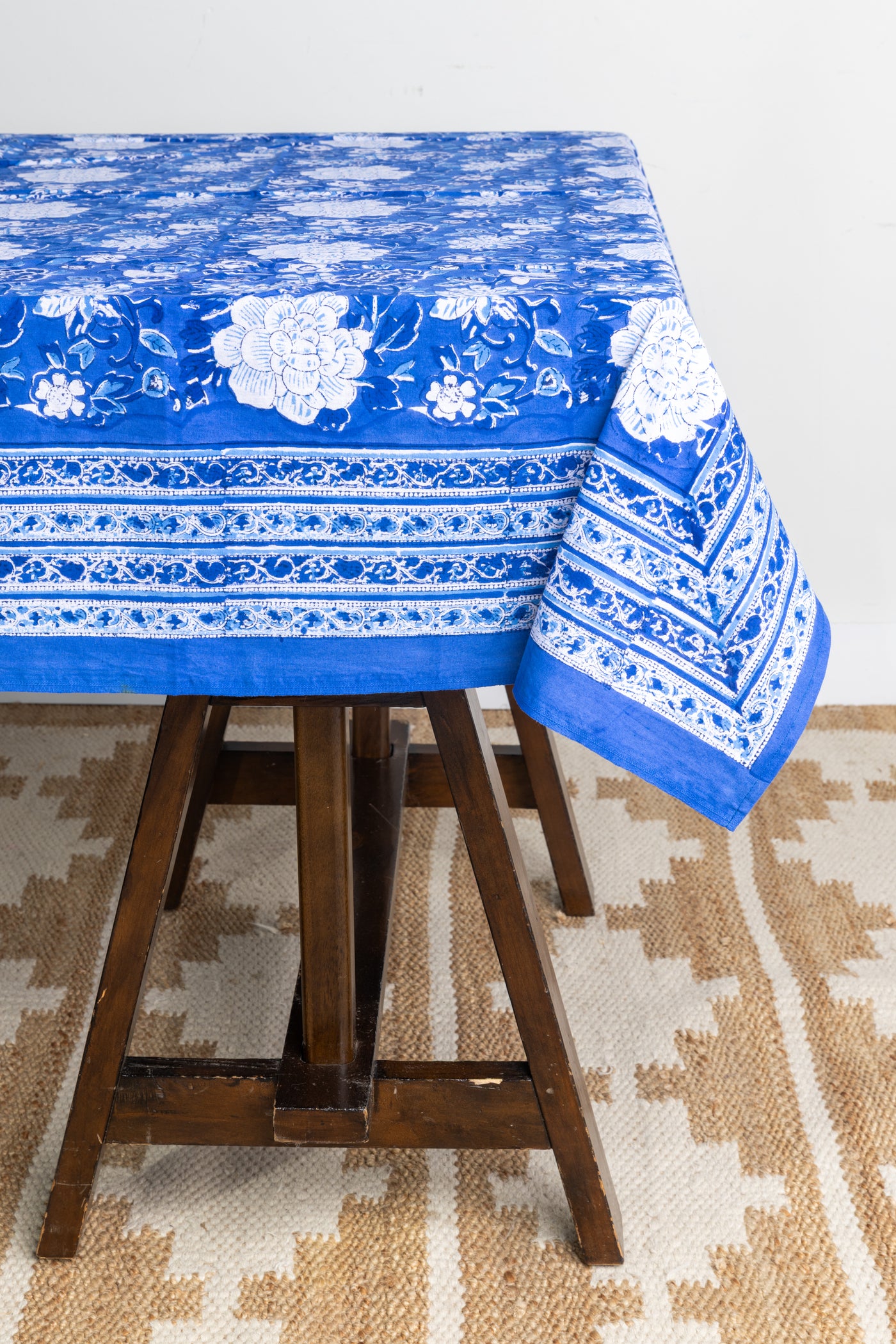 Block Print Floral Tablecloth in Blue Tropical Floral