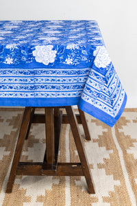Block Print Floral Tablecloth in Blue Tropical Floral