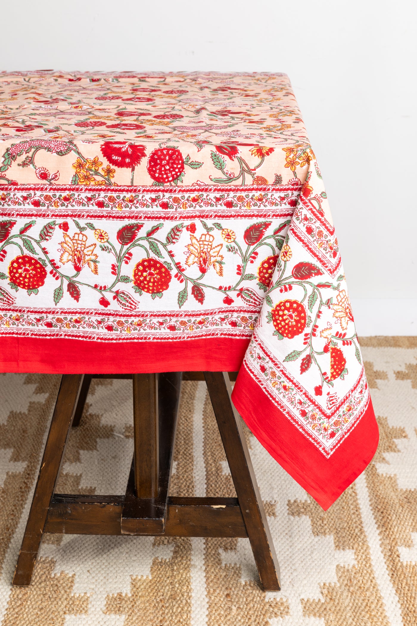 Block Print Floral Tablecloth in Peach