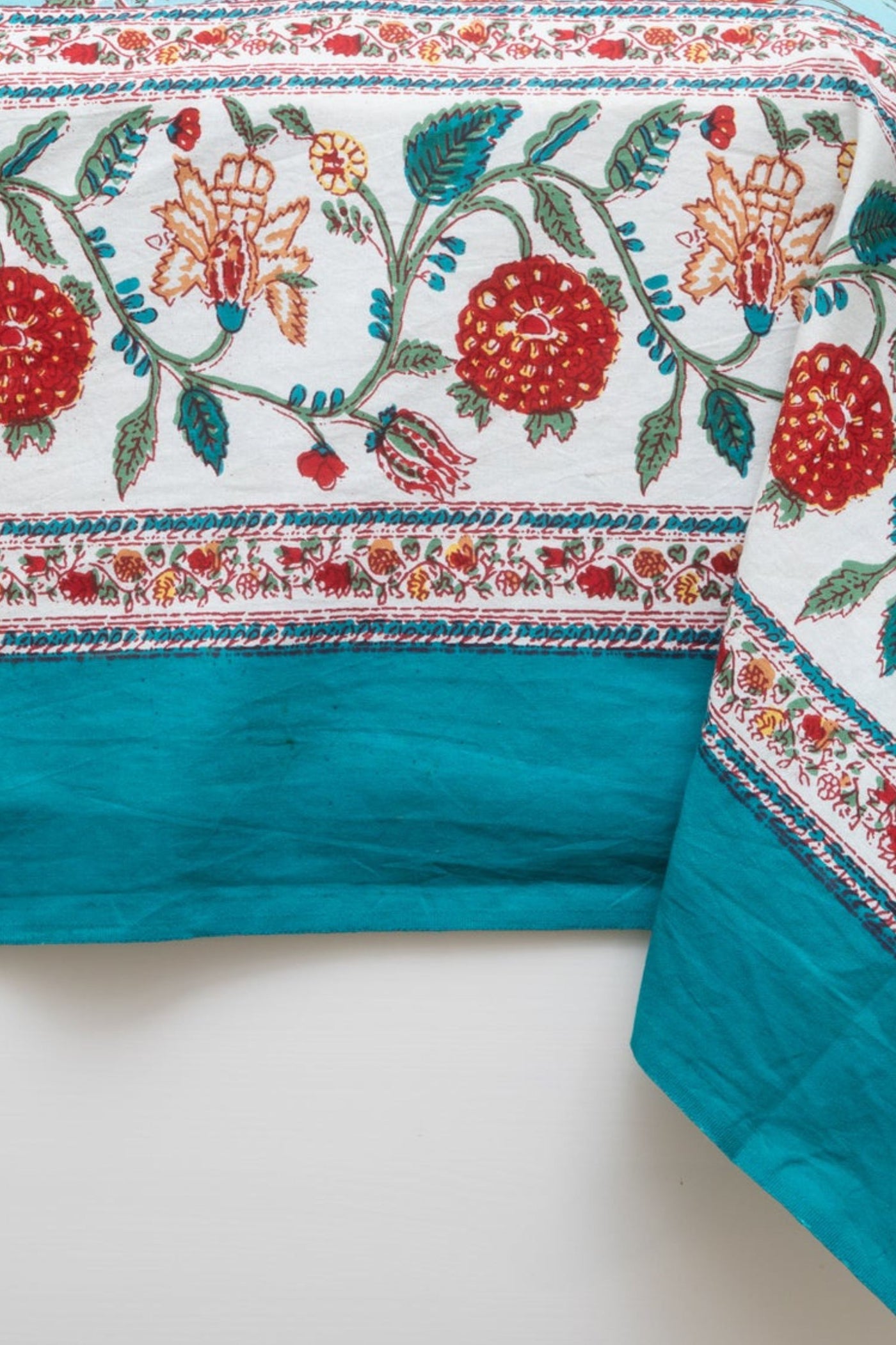 Block Print Floral Tablecloth in Turquoise