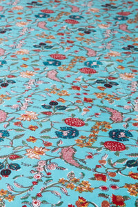 Block Print Floral Tablecloth in Turquoise