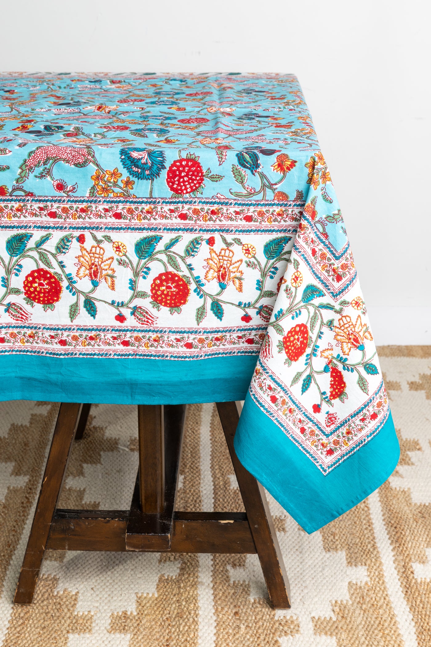 Block Print Floral Tablecloth in Turquoise
