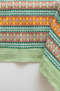 Block Print Floral Tablecloth in Green Garden