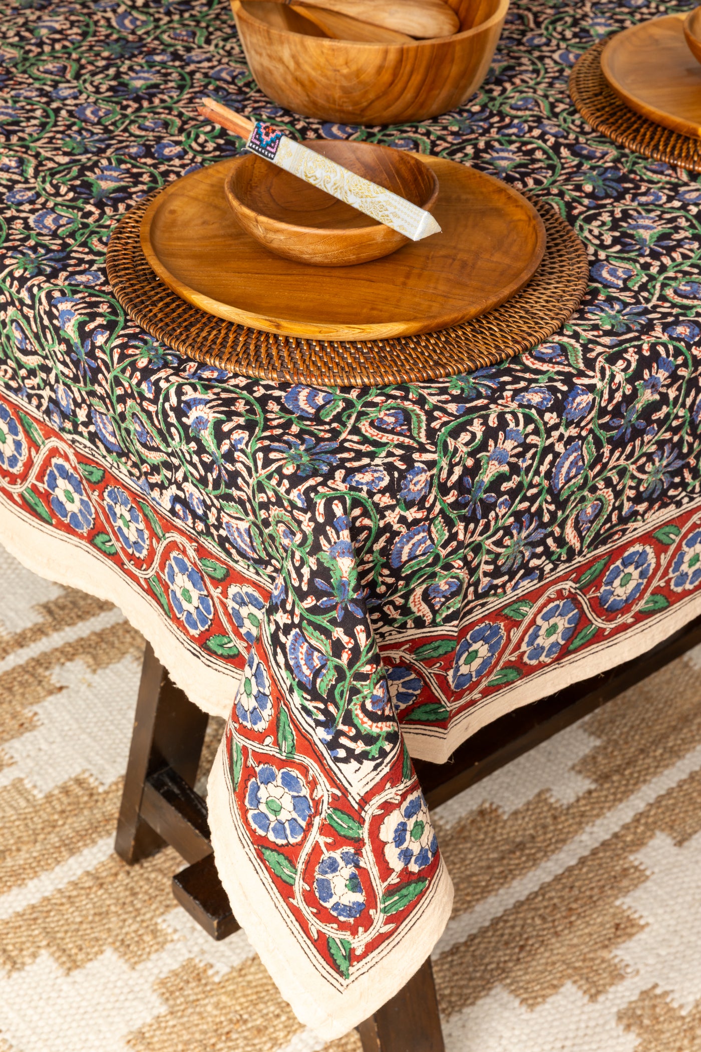 Block Print Floral Tablecloth in Midnight Vines