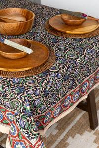 Block Print Floral Tablecloth in Midnight Vines