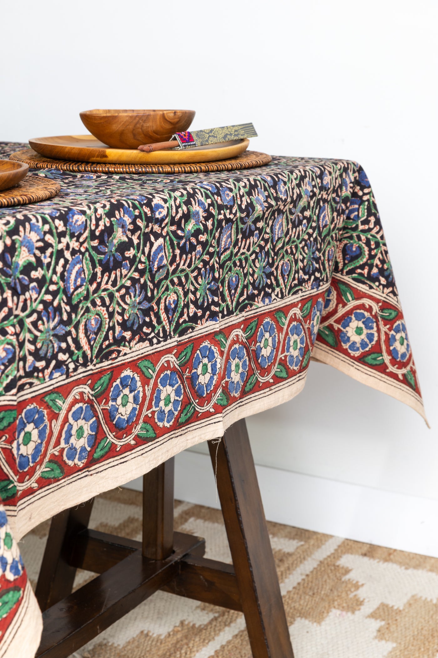 Block Print Floral Tablecloth in Midnight Vines