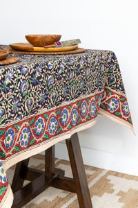 Block Print Floral Tablecloth in Midnight Vines