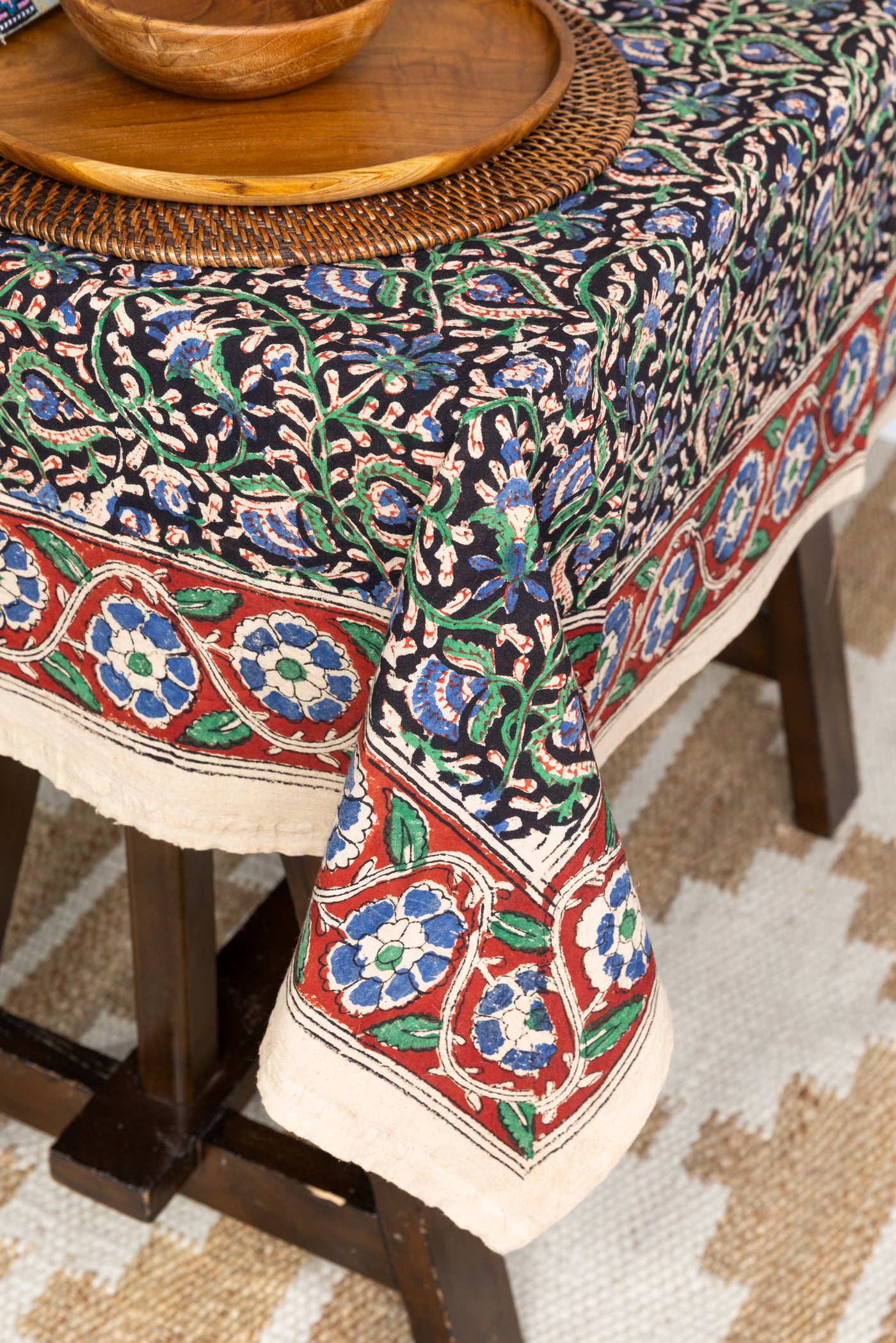 Block Print Floral Tablecloth in Midnight Vines