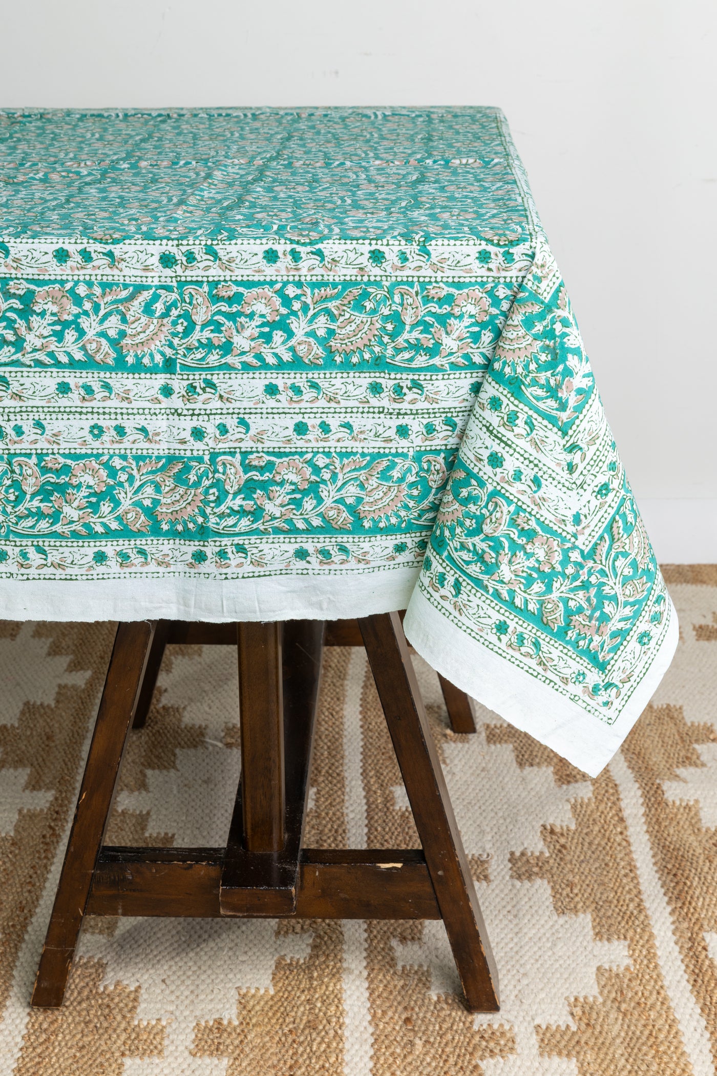 Block Print Floral Tablecloth in Teal Treasures